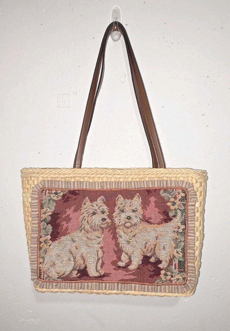 Cappelli Strawworld Yorkie Dog Tapestry Woven Straw Shoulder Bag Purse Brown
